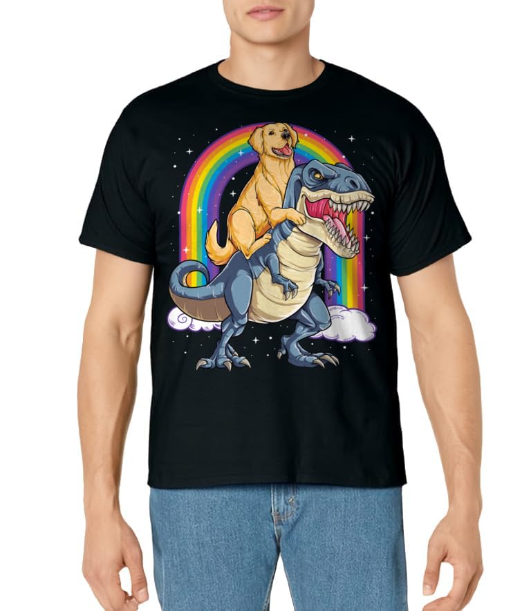 Golden Retriever Riding Dinosaur T rex Gifts Boys Rainbow T-Shirt