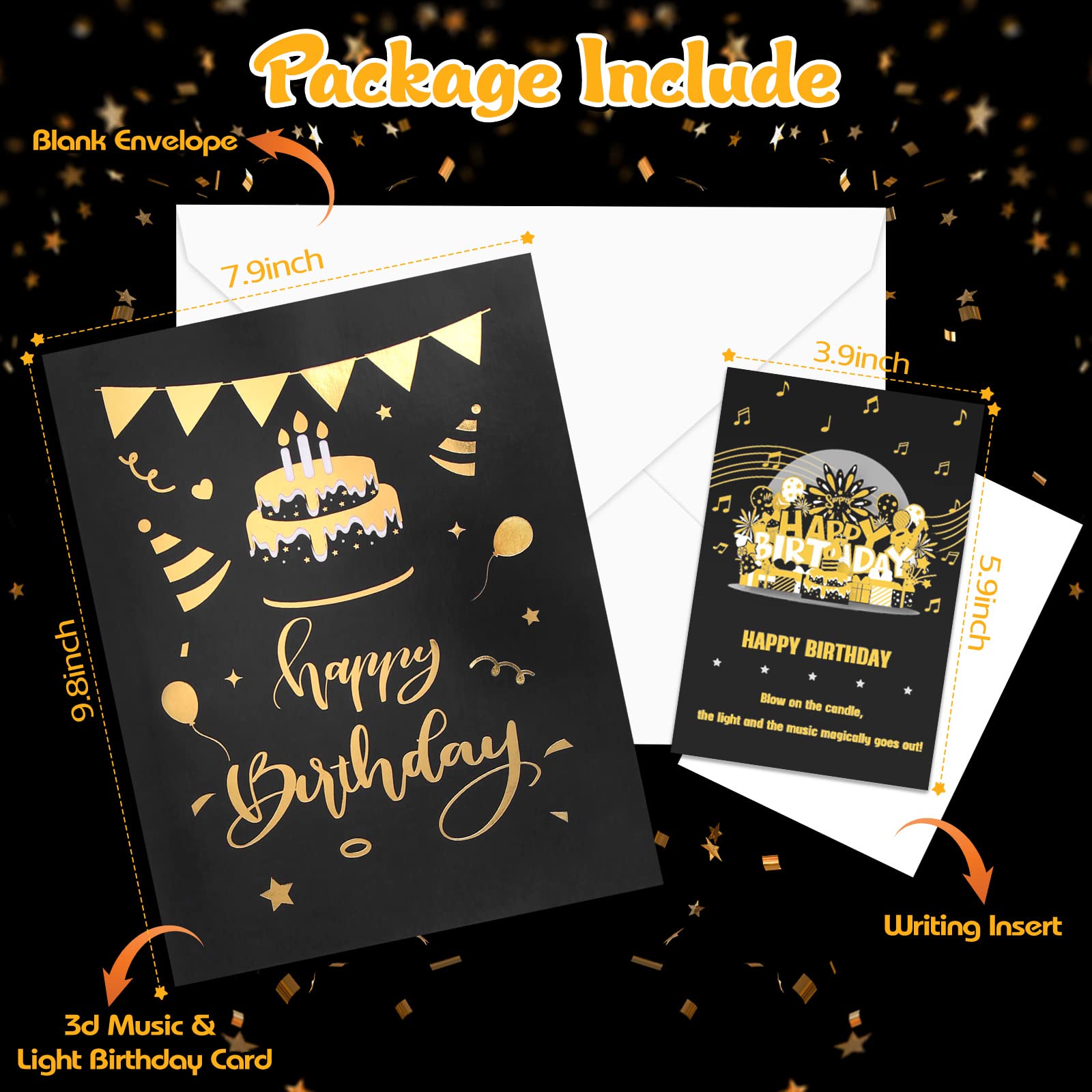 BYKOOO Birthday Card | Musical Pop Up Birthday Cards w Light | Blow Out LED Light Candle & Play Happy Birthday Music Pop Up Card | Greeting Cards Gifts for Him or Her | Black Gold (Blowable Candle)