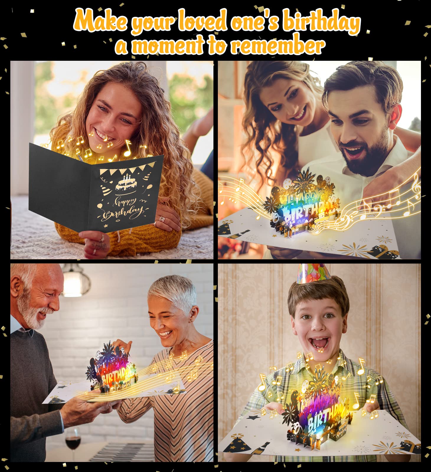 BYKOOO Birthday Card | Musical Pop Up Birthday Cards w Light | Blow Out LED Light Candle & Play Happy Birthday Music Pop Up Card | Greeting Cards Gifts for Him or Her | Black Gold (Blowable Candle)