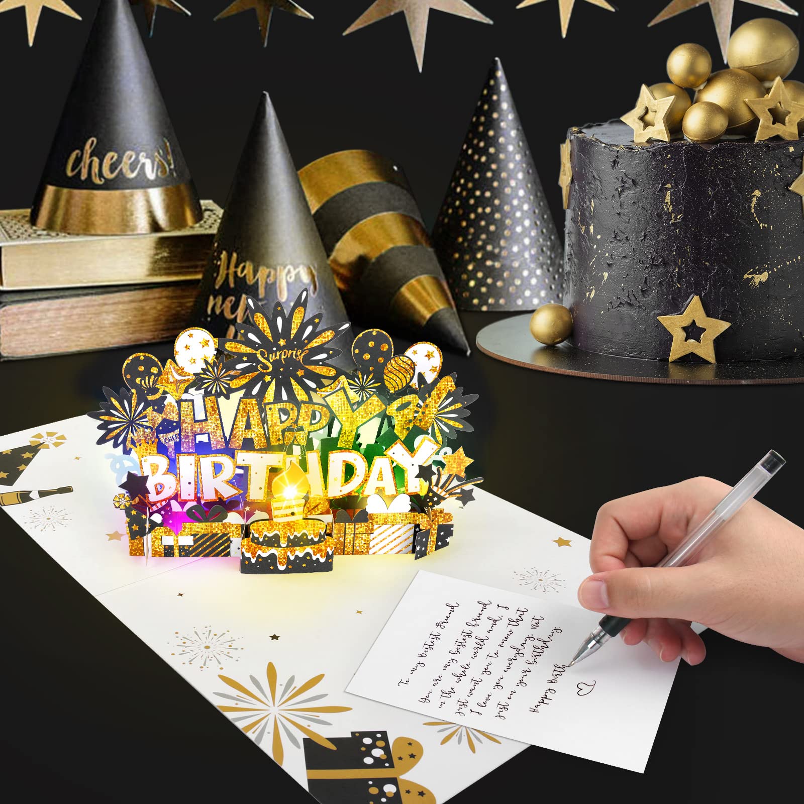 BYKOOO Birthday Card | Musical Pop Up Birthday Cards w Light | Blow Out LED Light Candle & Play Happy Birthday Music Pop Up Card | Greeting Cards Gifts for Him or Her | Black Gold (Blowable Candle)