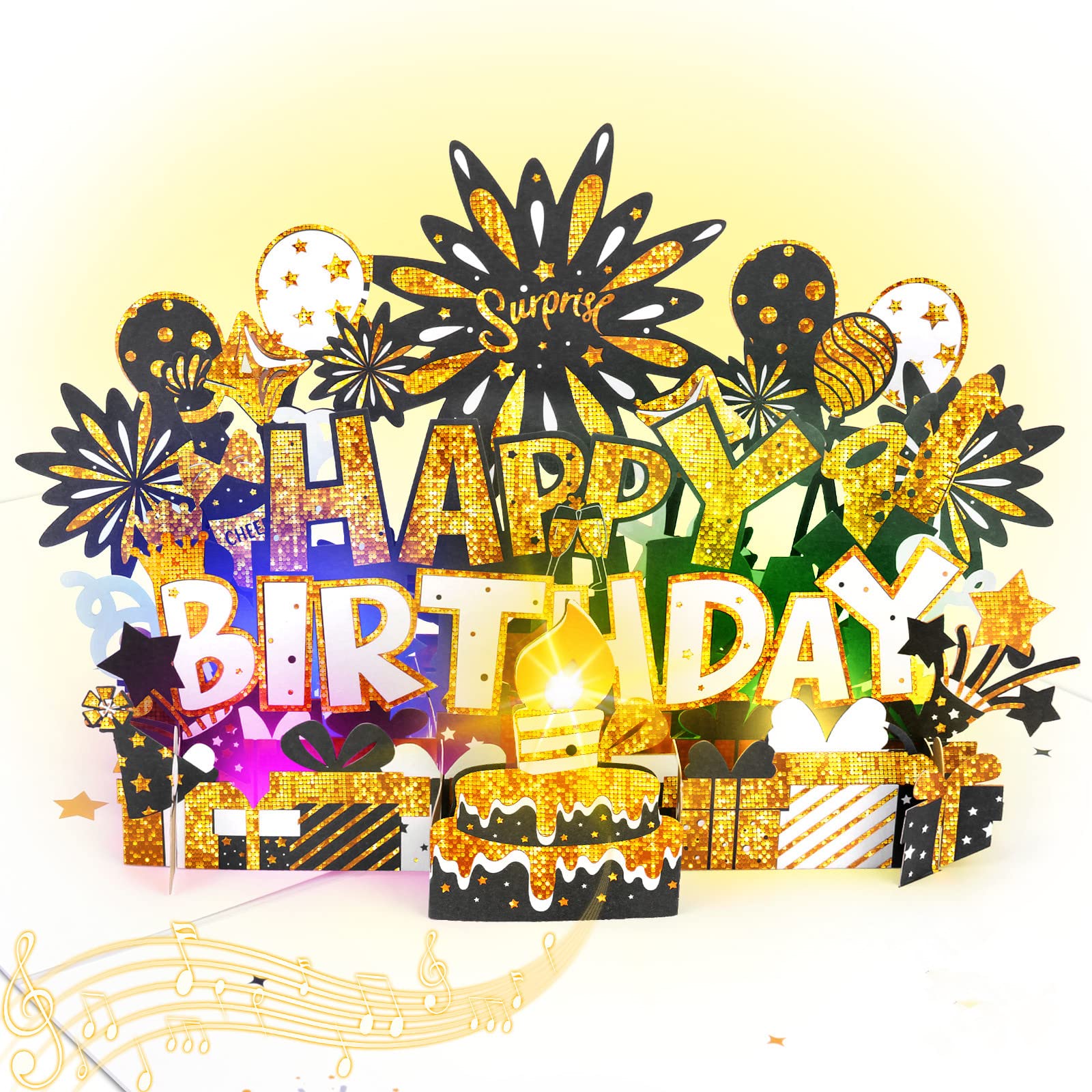 BYKOOO Birthday Card | Musical Pop Up Birthday Cards w Light | Blow Out LED Light Candle & Play Happy Birthday Music Pop Up Card | Greeting Cards Gifts for Him or Her | Black Gold (Blowable Candle)