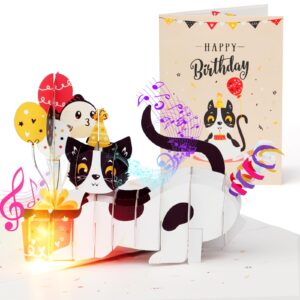 yunxianger birthday cards, light and music happy birthday card, funny 3d pop up cat birthday gift greeting cards for women men kids mom dad husband wife boyfriend daughter and cat lover