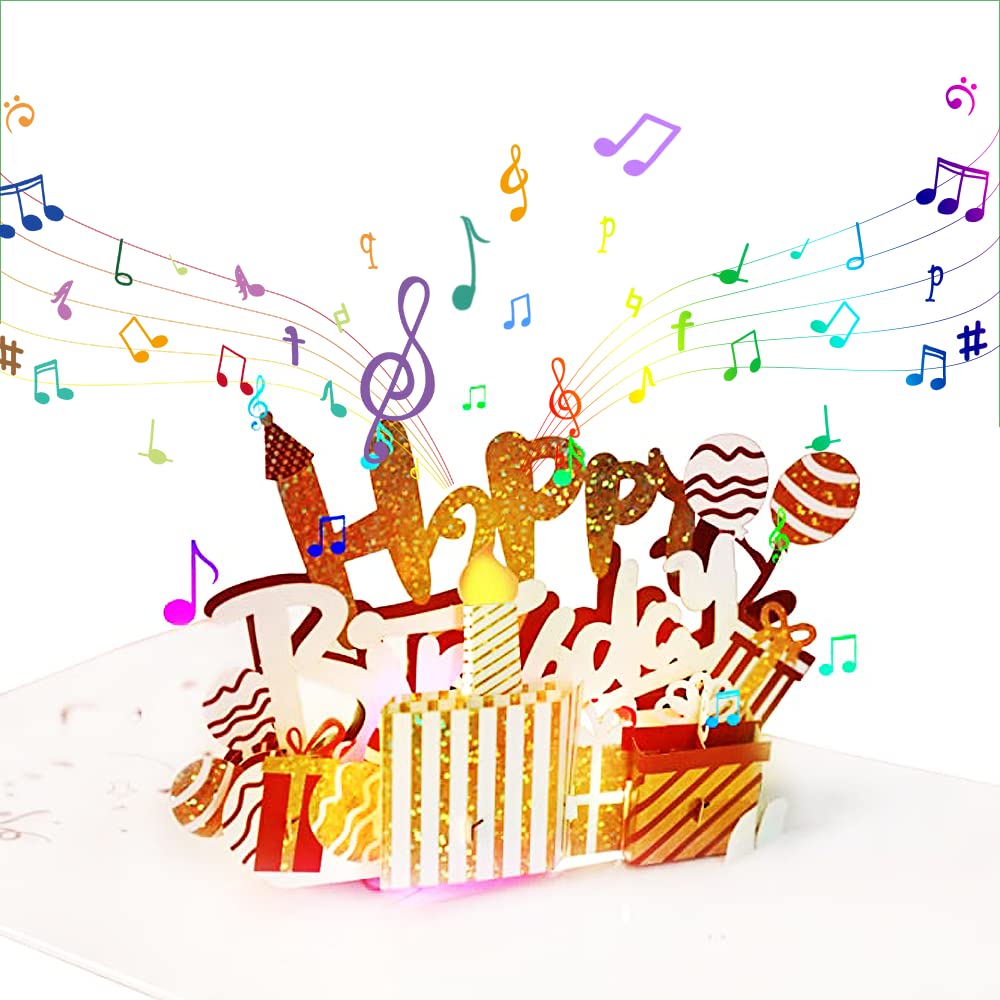 DMHZNB 3D Musical Birthday Card, LED Light and Play Happy Birthday Music Pop Up Card, Blowable LED Light Candle,Play Happy Birthday Music,