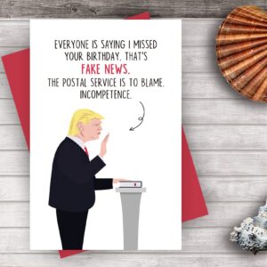 Alzombi Funny Trump Belated Birthday Card for Friends, Joke Belated Bday Card for Men Women, That's Fake News