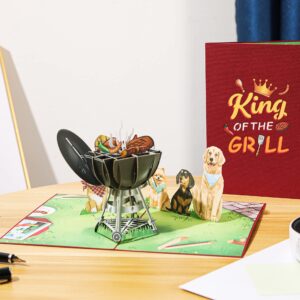 Liif King Of Grill Fathers Day Card, 3D Funny Fathers Day Pop Up Card, Funny Birthday Card For Dad, Men, Husband, Chef, Him, Grandfather, Dog Dad | With Message Note & Envelop (King Of Grill)