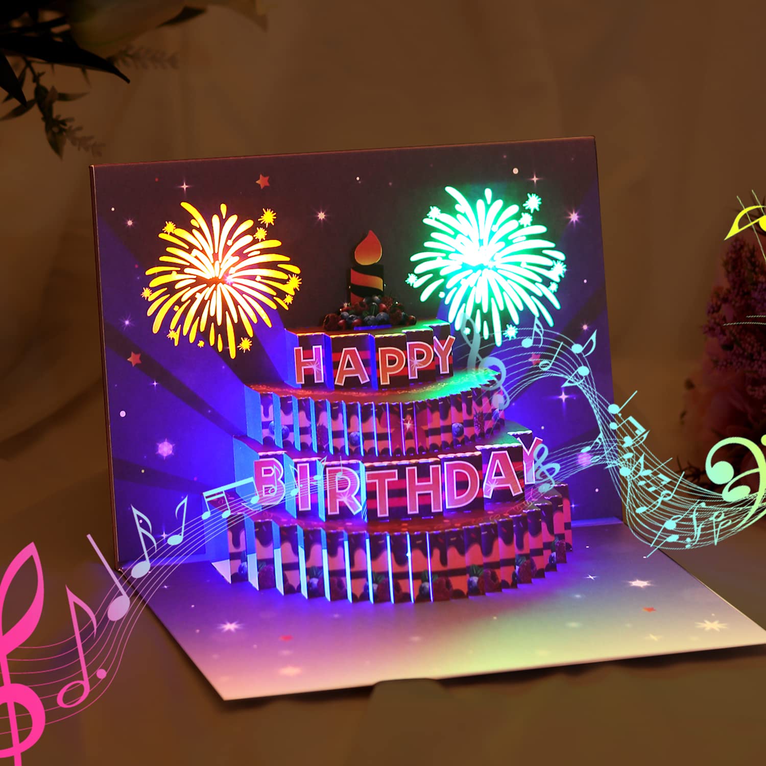 Yinqing Birthday Cards, Light and Music Birthday Cake Happy Birthday Card, 3D Pop Up Birthday Gift Greeting Card for Women Men Kids Husband Wife Mom Dad Daughter