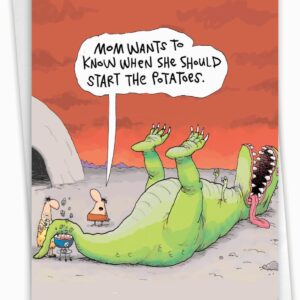 NobleWorks Hysterical Birthday Paper Card with 5 x 7 Inch Envelope (1 Card) for Men and Women, Dinosaur Barbecue C7888BDG