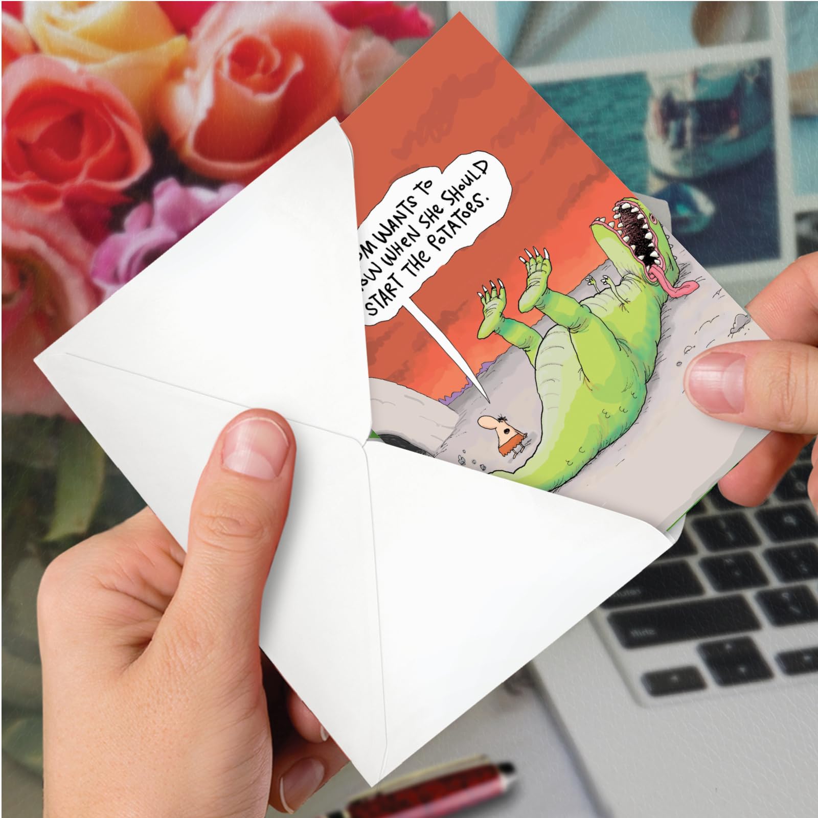 NobleWorks Hysterical Birthday Paper Card with 5 x 7 Inch Envelope (1 Card) for Men and Women, Dinosaur Barbecue C7888BDG