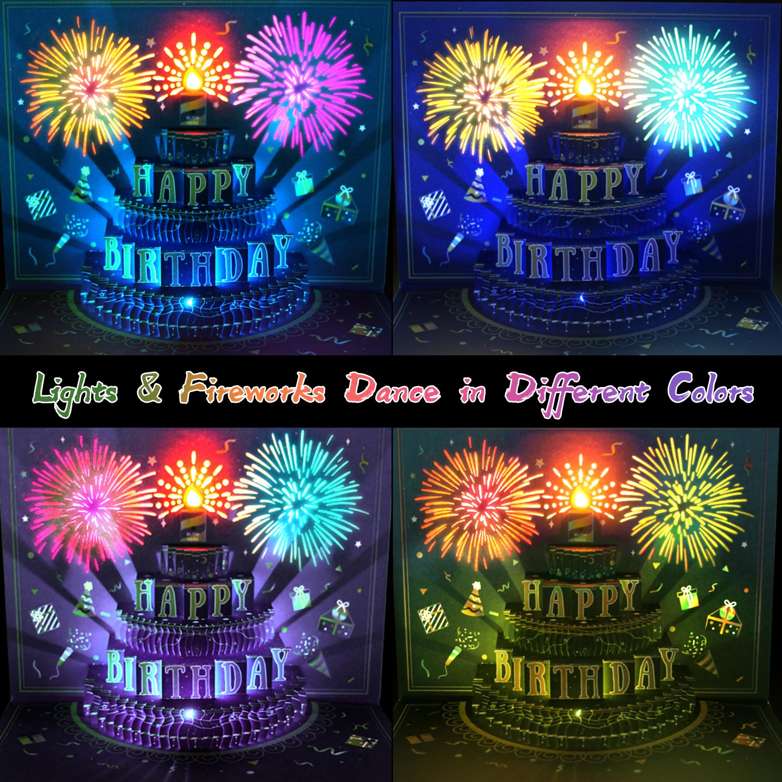 MZD8391 UPGRADED 3D Pop Up Firework Birthday Cards, Musical & LED Lights Birthday Cards with Blowable Birthday Cake, Greeting Cards, Birthday Gifts for Mom Women Men Kids Child Dad Father Wife (Blue)