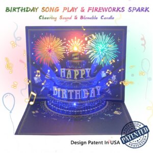 MZD8391 UPGRADED 3D Pop Up Firework Birthday Cards, Musical & LED Lights Birthday Cards with Blowable Birthday Cake, Greeting Cards, Birthday Gifts for Mom Women Men Kids Child Dad Father Wife (Blue)