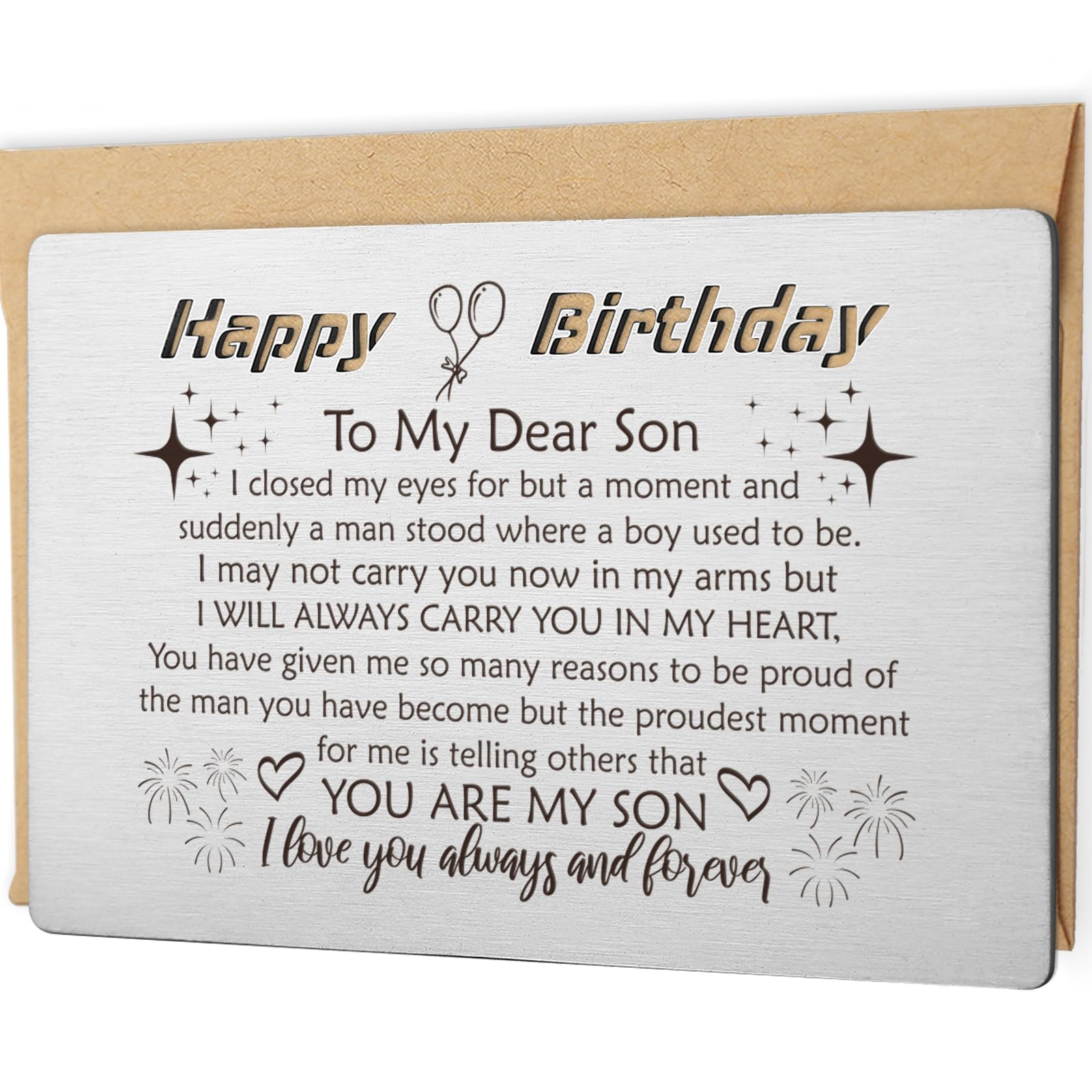 YODOCAMP Son Birthday Card from Mom, Happy Birthday Son Gifts, Metal Engraved Greeting Card for Son Birthday, Son Wallet Insert Card from Parents