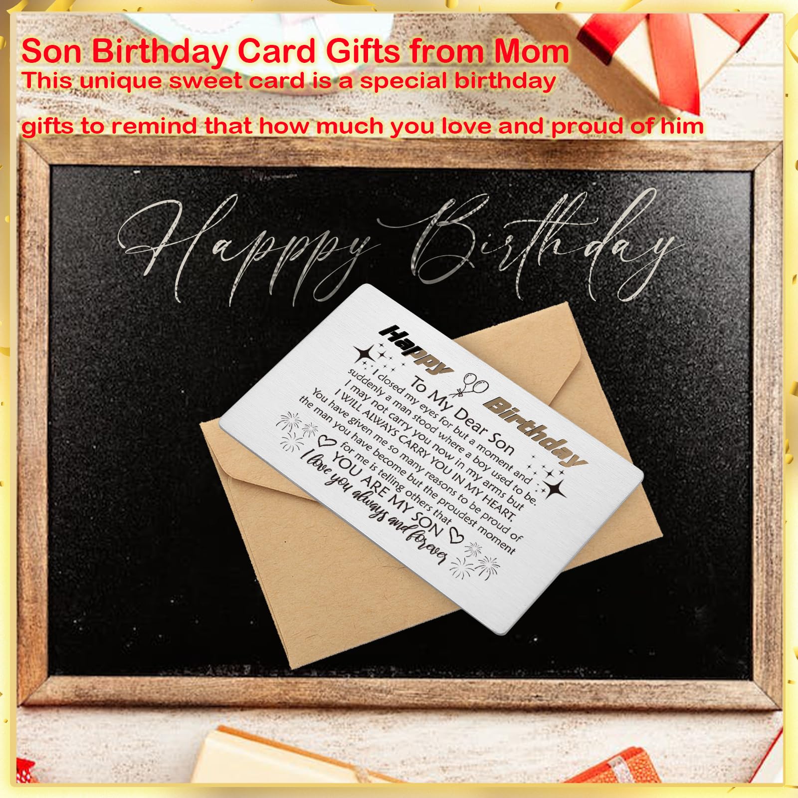 YODOCAMP Son Birthday Card from Mom, Happy Birthday Son Gifts, Metal Engraved Greeting Card for Son Birthday, Son Wallet Insert Card from Parents