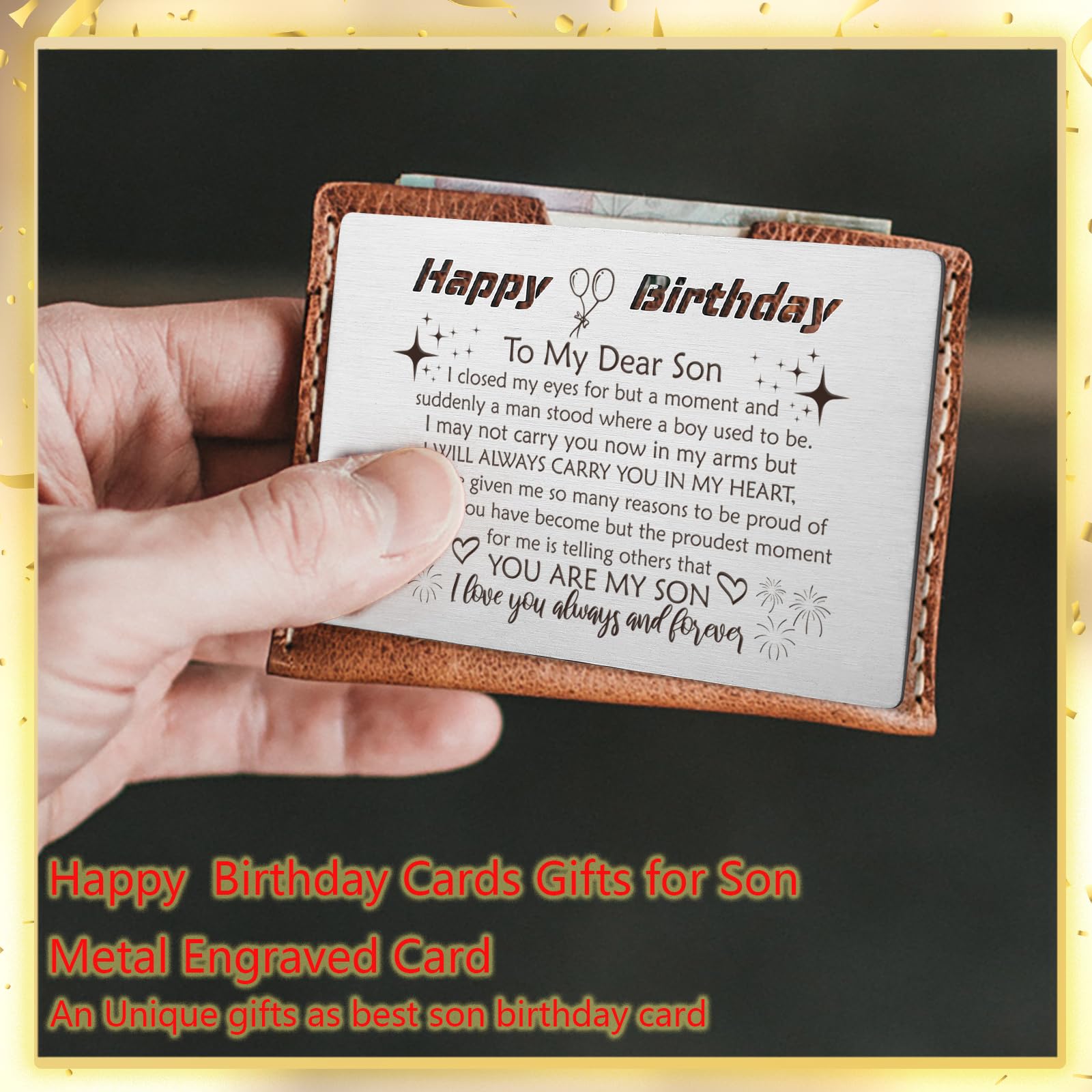 YODOCAMP Son Birthday Card from Mom, Happy Birthday Son Gifts, Metal Engraved Greeting Card for Son Birthday, Son Wallet Insert Card from Parents