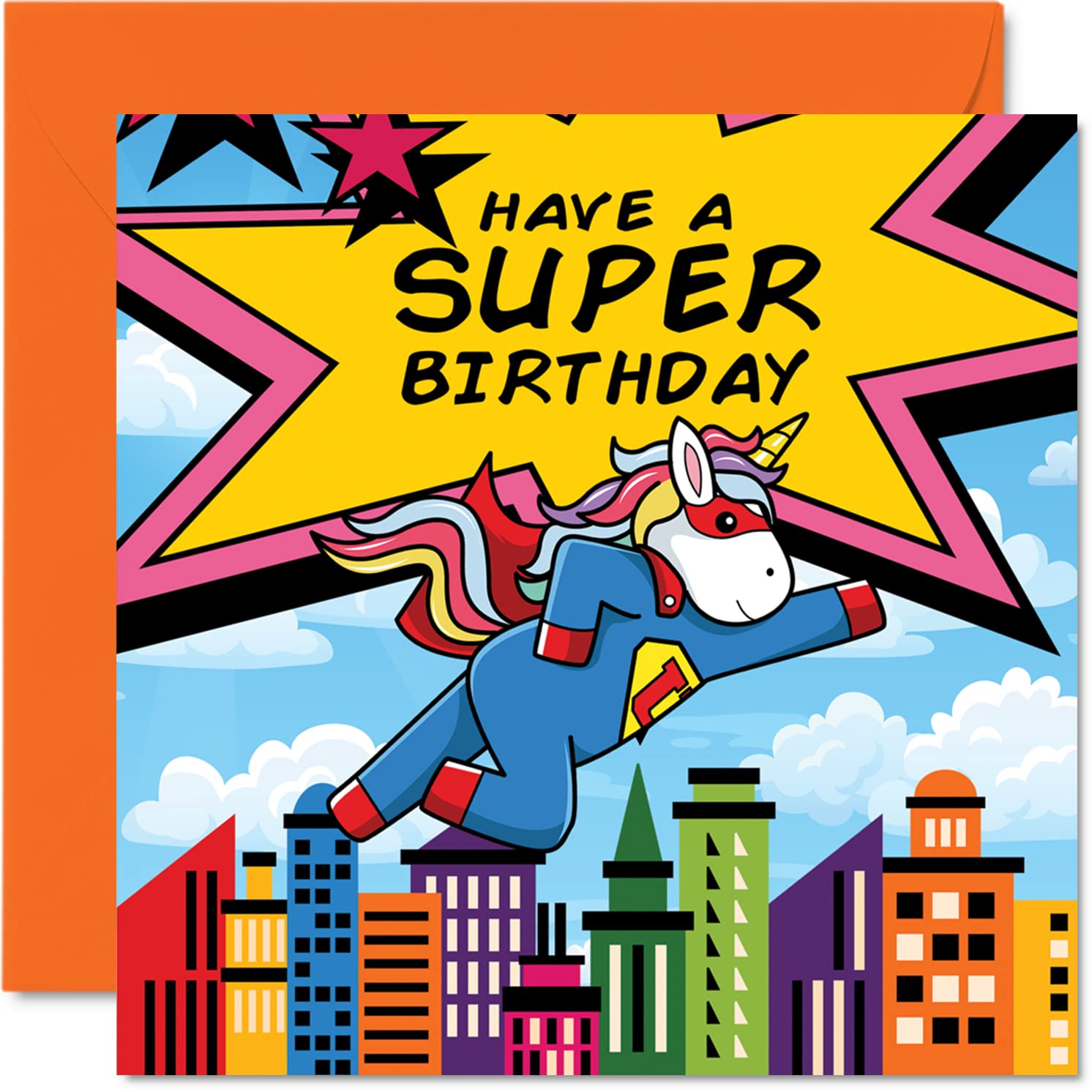 Kids Birthday Card - Super Unicorn - Superhero Birthday Card Kids, Hero Birthday Cards for Girls Boys Him Her, 5.7 x 5.7 Inch Greeting Card for Son Daughter Niece Nephew Grandchild Kid Children