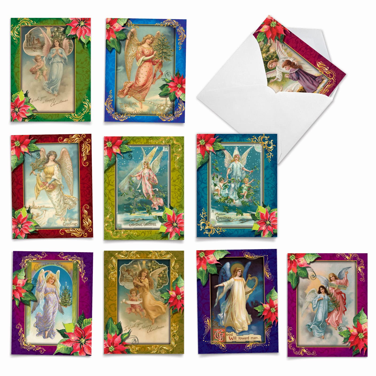 The Best Card Company - 10 Religious Christmas Note Cards (4 x 5.12 Inch) - Boxed Angel Greeting Cards, Assorted Set (Not Foil) - Christmas Angels M1747XS