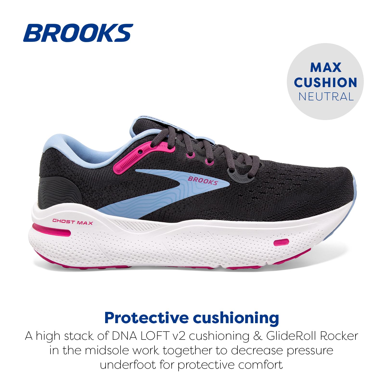 Brooks Women’s Ghost Max Cushion Neutral Running & Walking Shoe - Ebony/Open Air/Lilac Rose - 11 Medium