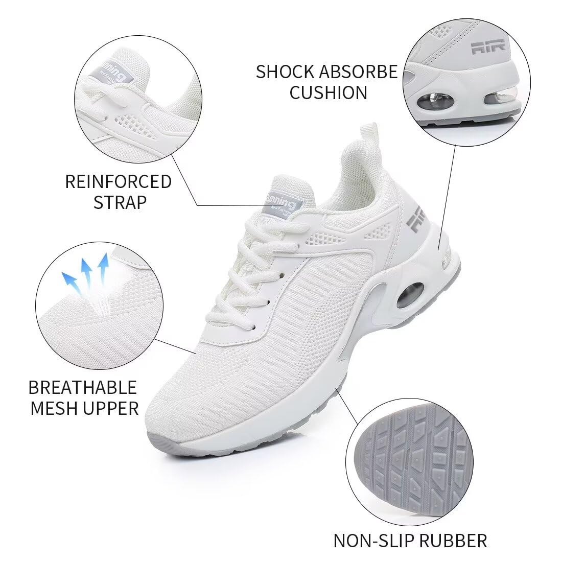 Womens Air Athletic Running Shoes - Air Cushion Shoes for Womens Mesh Fashion Sneakers Breathable Walking Gym Work Tennis Shoes White size 8