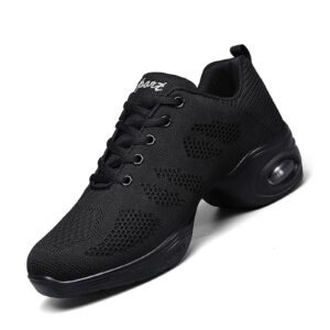 Womens Jazz Shoes Dance Sneakers Lace Up Breathable Air Cushion Lady Dancing Shoes Split Sole Zumba Trainers Athletic Walking Platform Black 38