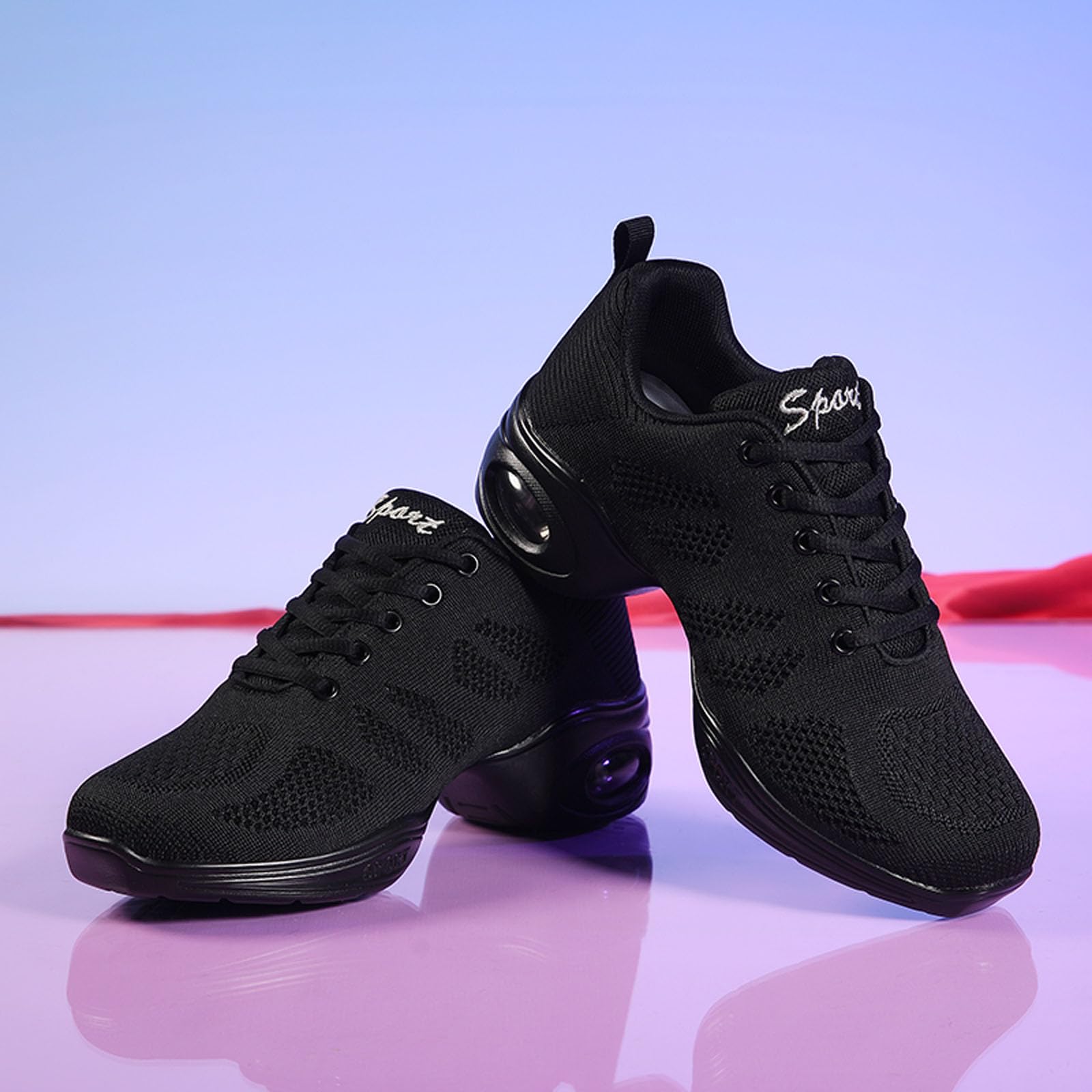 Womens Jazz Shoes Dance Sneakers Lace Up Breathable Air Cushion Lady Dancing Shoes Split Sole Zumba Trainers Athletic Walking Platform Black 38