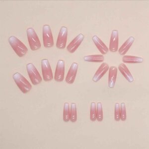 Enppode French Tip Nails Long Press on Nails Coffin Fake Nails Pink Nails Glossy Nails for Women 24 PCS/Set