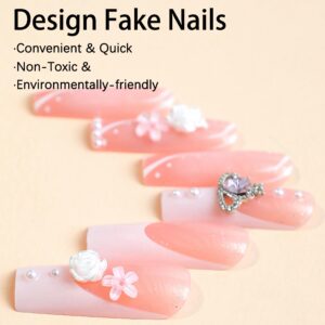 BABALAL Square Press on Nails Long Fake Nails White French Glue on Nails 3D Flower Bow rhinestone Acrylic Nails 24Pcs Glitter Shiny Planet Squoval Love Pink Heart Stick on Nails for Women and Girls