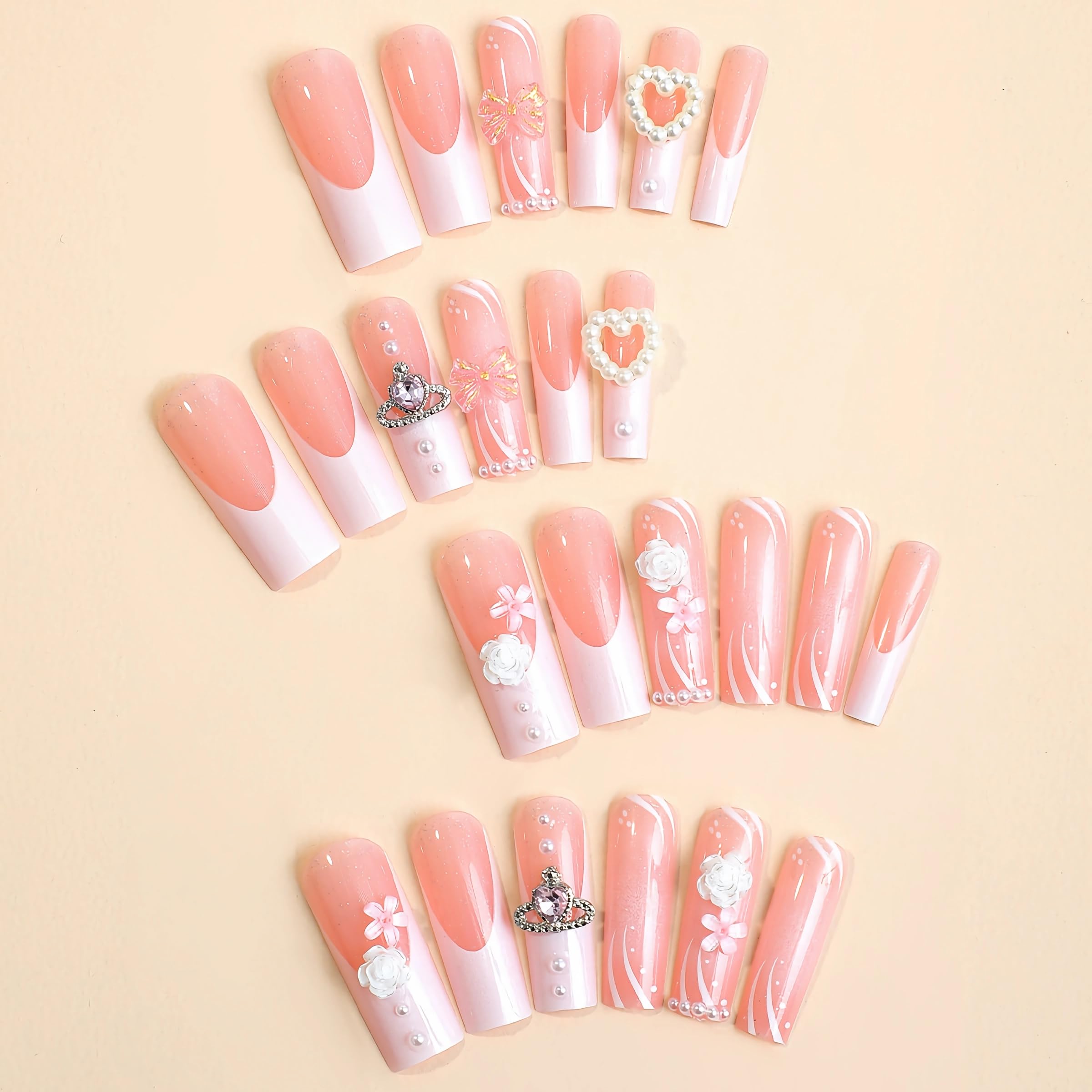 BABALAL Square Press on Nails Long Fake Nails White French Glue on Nails 3D Flower Bow rhinestone Acrylic Nails 24Pcs Glitter Shiny Planet Squoval Love Pink Heart Stick on Nails for Women and Girls