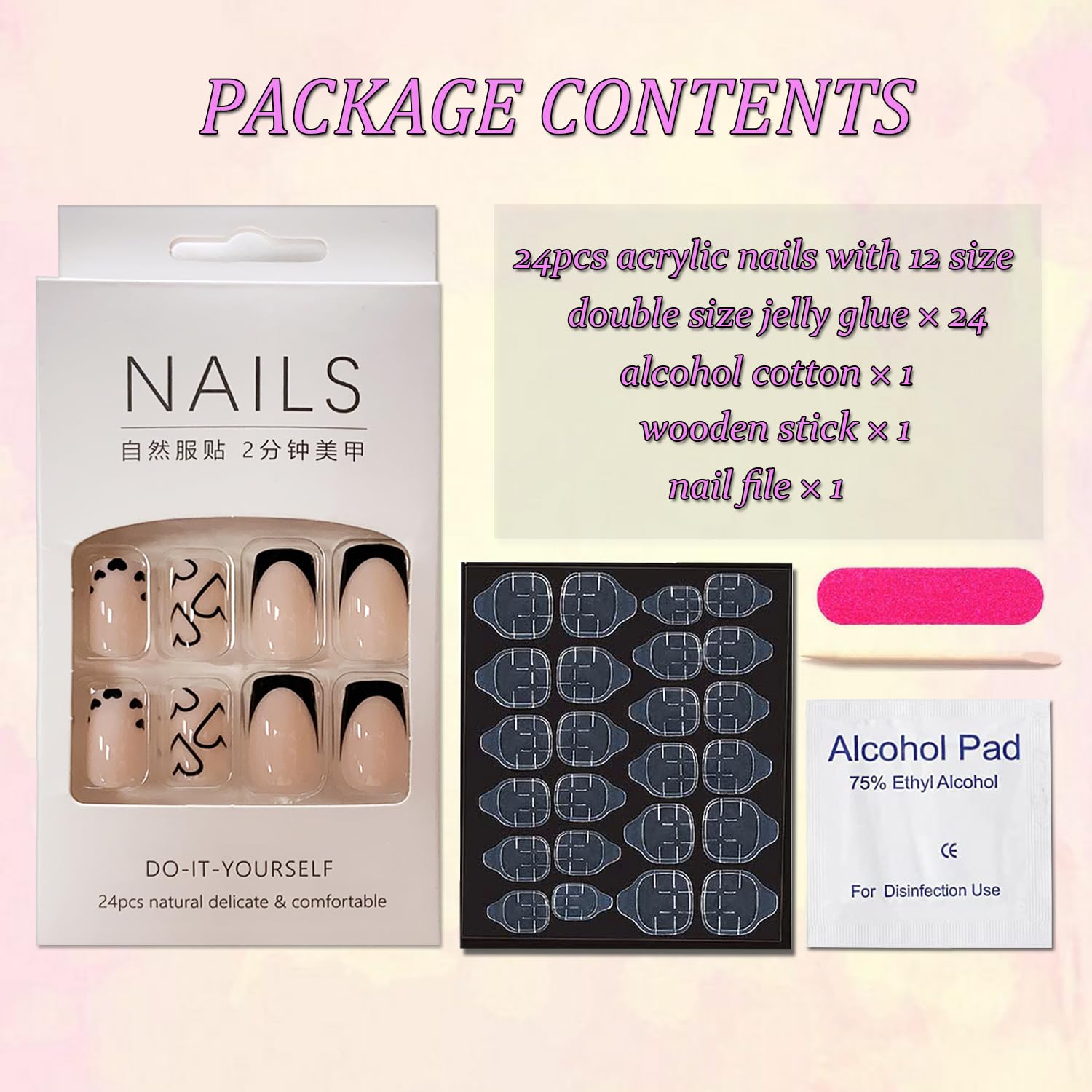 Black French Tip Press on Nails Medium Square Fake Nails Nude Pink Acrylic Full Cover Glossy Glue on Nails with Heart Designs French Tip Nails Short Stick on Nails Artificial Nails for Women Girls