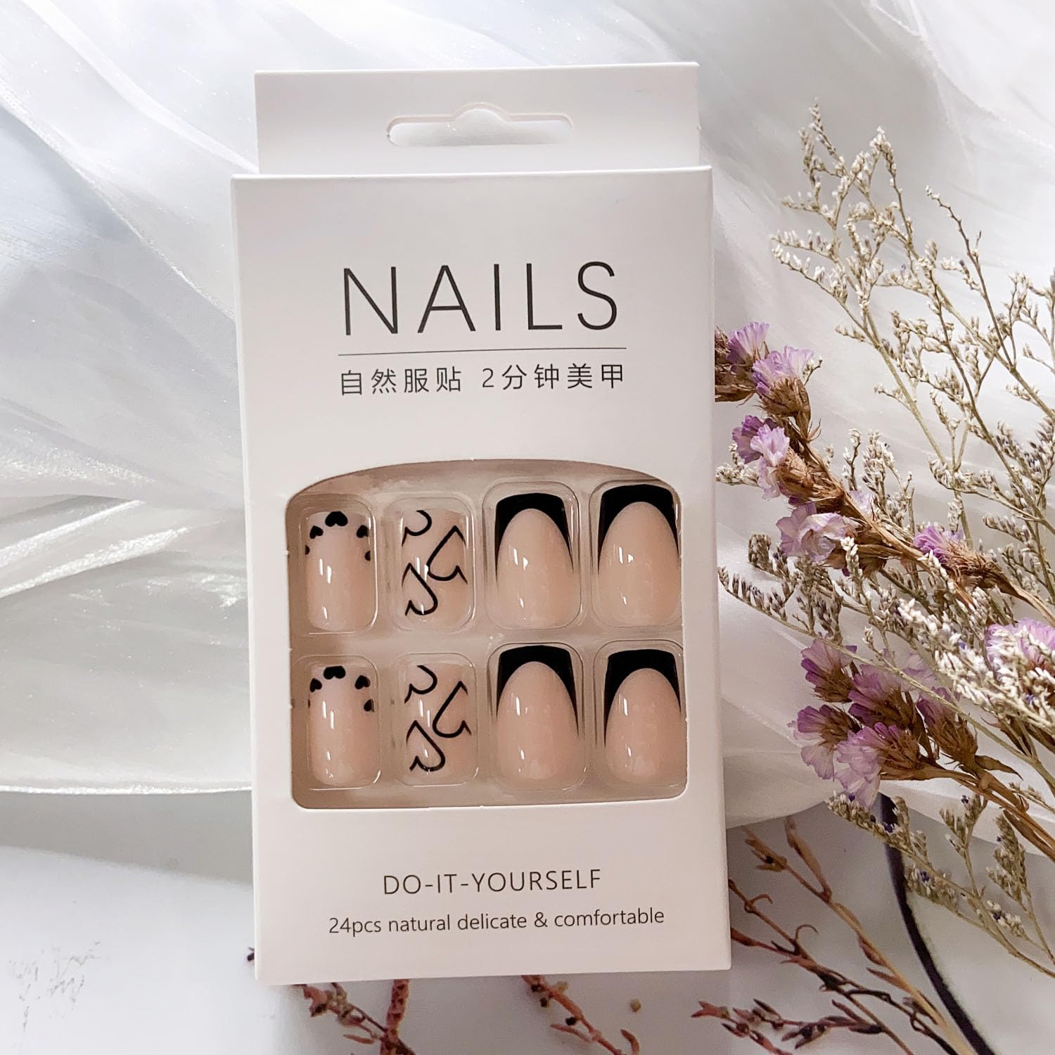 Black French Tip Press on Nails Medium Square Fake Nails Nude Pink Acrylic Full Cover Glossy Glue on Nails with Heart Designs French Tip Nails Short Stick on Nails Artificial Nails for Women Girls