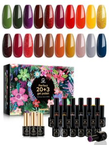 mefa fall gel nail polish set 23 pcs, 20 colors autumn halloween brown burgundy orange glitter dark green blue nail gel kit nail art with glossy&matte top base coat, manicure diy salon gifts