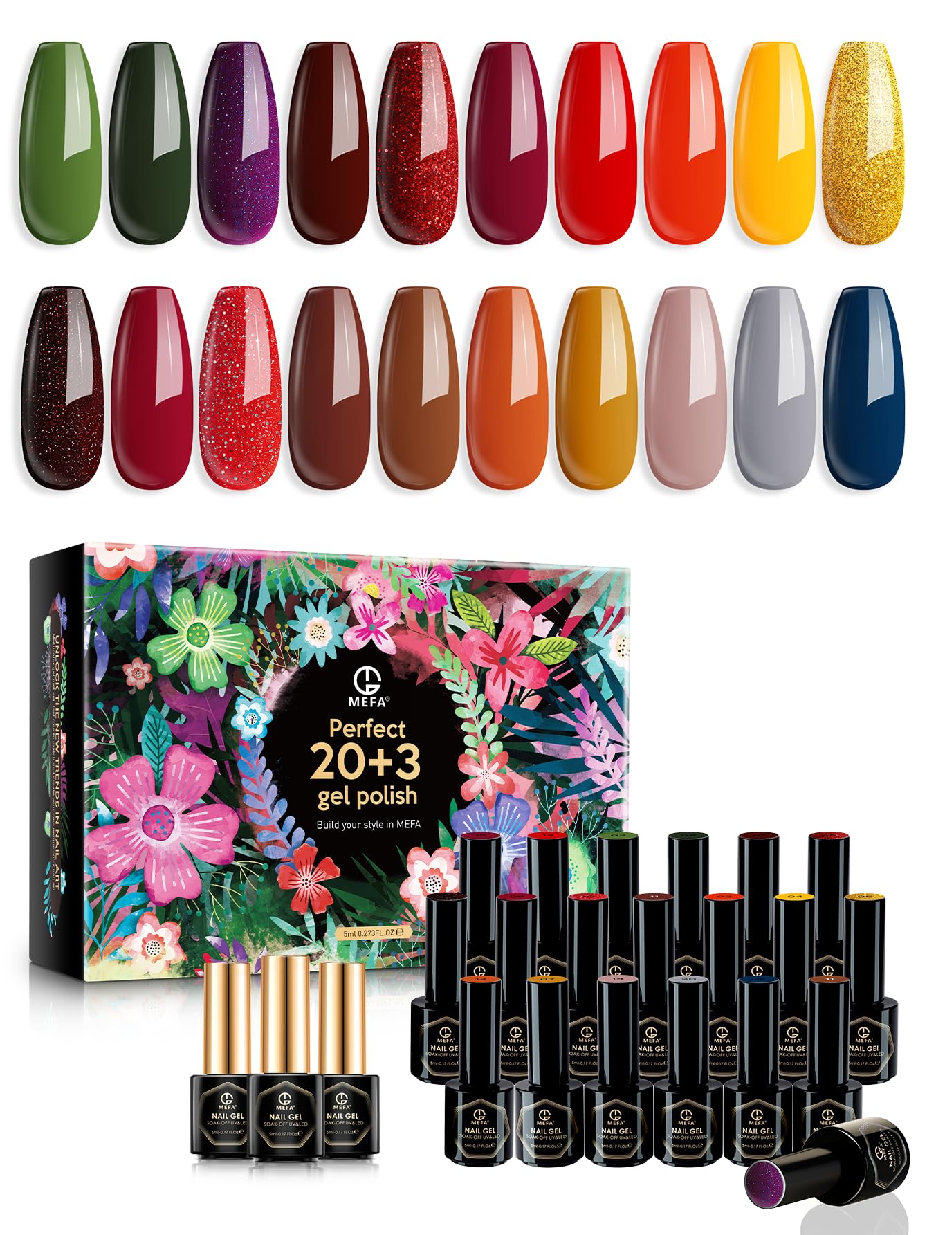 MEFA Fall Gel Nail Polish Set 23 Pcs, 20 Colors Autumn Halloween Brown Burgundy Orange Glitter Dark Green Blue Nail Gel Kit Nail Art with Glossy&Matte Top Base Coat, Manicure DIY Salon Gifts