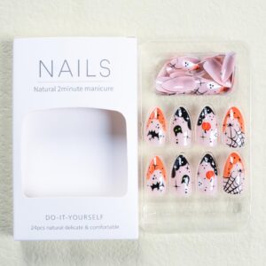 Halloween Press on Nails Short Almond Fake Nails French Tip False Nails with Ghost Spider Designs Cute Halloween Nails Acrylic Nails Full Cover Glue on Nails Stick on Nails for Women