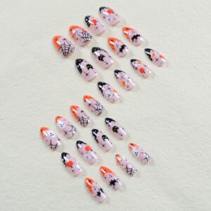 Halloween Press on Nails Short Almond Fake Nails French Tip False Nails with Ghost Spider Designs Cute Halloween Nails Acrylic Nails Full Cover Glue on Nails Stick on Nails for Women