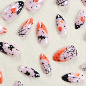 Halloween Press on Nails Short Almond Fake Nails French Tip False Nails with Ghost Spider Designs Cute Halloween Nails Acrylic Nails Full Cover Glue on Nails Stick on Nails for Women