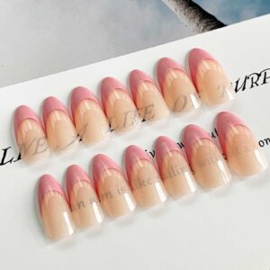 DANMANR Square Press on Nails Short Fake Nails French Acrylic Full Cover False Nails for Women and Girls 24PCS (Pink almond french)