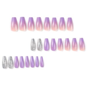 Press on Nails Medium Coffin SWEKKE Fake Nails Purple French Gradient Full Cover False Nails with Glitter Designs Acrylic Nails Glossy Glue on Nails Reusable Artificial Nails for Women Manicure