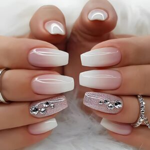 Medium Coffin Nails Press on Glossy Pink White Fake Nails Summer Nail Art Decorations Full Cover Glitter Rhinestone Acrylic Nails Exquisite Design Stick on Nails for Women Girls 24Pcs