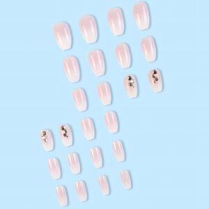 Medium Coffin Nails Press on Glossy Pink White Fake Nails Summer Nail Art Decorations Full Cover Glitter Rhinestone Acrylic Nails Exquisite Design Stick on Nails for Women Girls 24Pcs