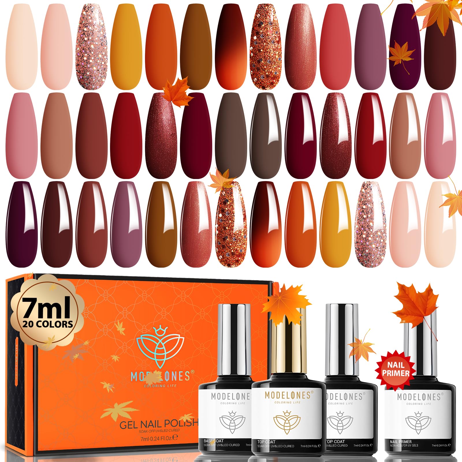 modelones 24 Pcs Gel Nail Polish Kit 7 ML, Fall Brown Nude Orange Gel Polish Set with Bond Primer Glossy&Matte Top Base Coat Manicure Gifts for Women