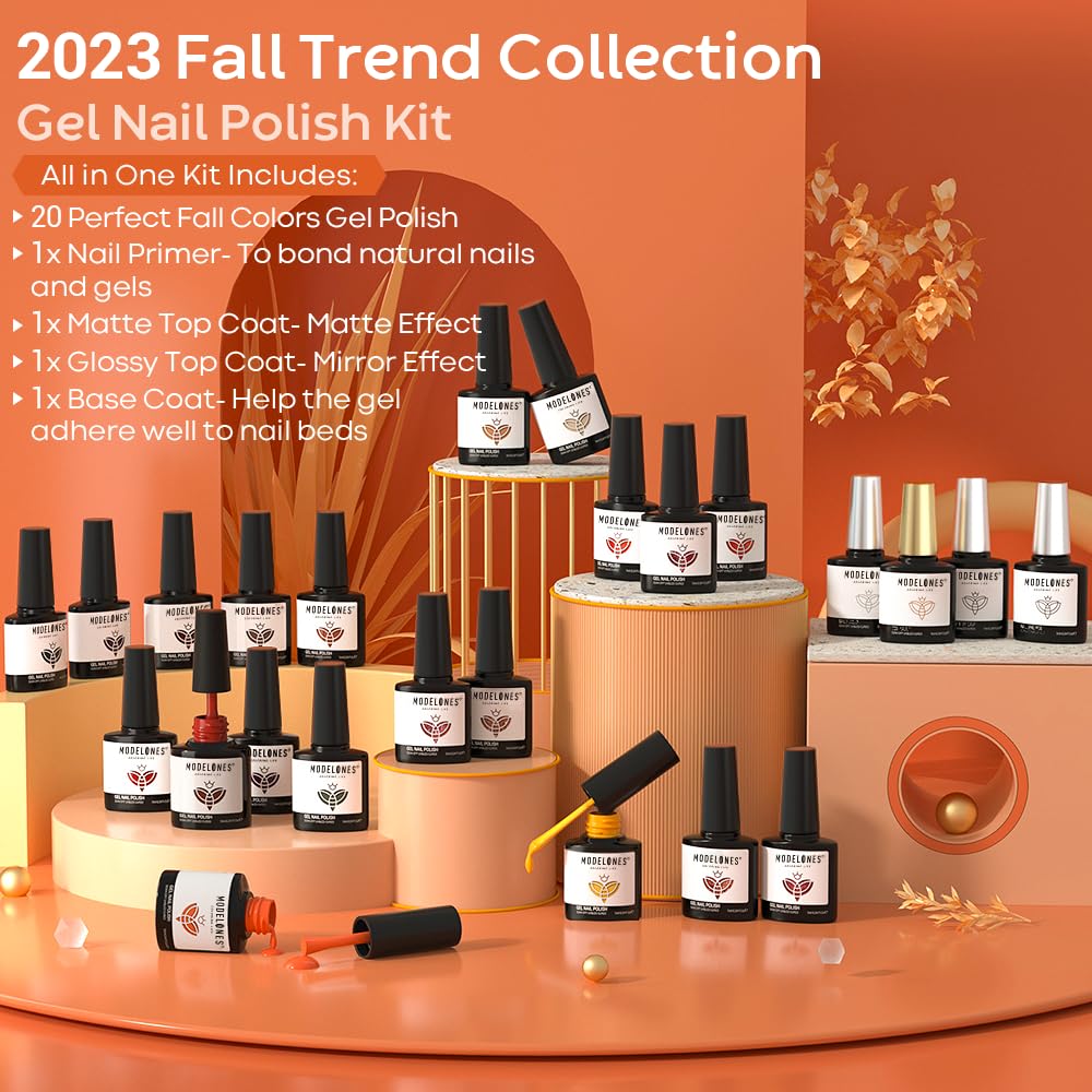 modelones 24 Pcs Gel Nail Polish Kit 7 ML, Fall Brown Nude Orange Gel Polish Set with Bond Primer Glossy&Matte Top Base Coat Manicure Gifts for Women