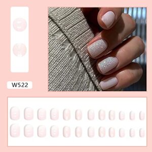 KSTBJN 24 Pcs Short Press on Nails Cute Square Fake Nails, Glitter Glue on Nails with Design Full Cover Stick on Nails Light Pink Acrylic Nails Glossy Artificial False Nails for Women DIY Manicure