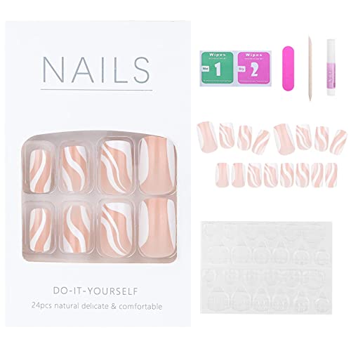 24 Pcs Press on Nails Short, Luvehandicraft Glossy Fake Nails Coffin, False Nails with Glue for Women and Girls (Pink White Swirl), 28 Piece Set