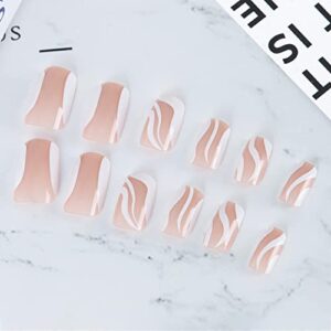 24 Pcs Press on Nails Short, Luvehandicraft Glossy Fake Nails Coffin, False Nails with Glue for Women and Girls (Pink White Swirl), 28 Piece Set