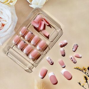 24 Pcs French Tip Square Press on Nails with Rhinestones & Flowers - Glossy Full Cover False Acrylic Nails for Women & Girls