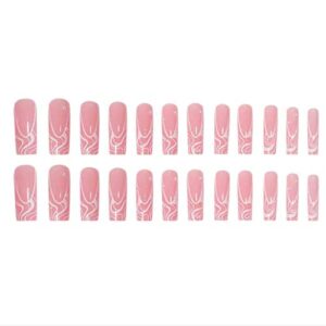 Foccna Square Press on Nails Long, Pearl Pink Fake Nails Acrylic False Nails,Artificial Nails for Women and Girls 24 pcs