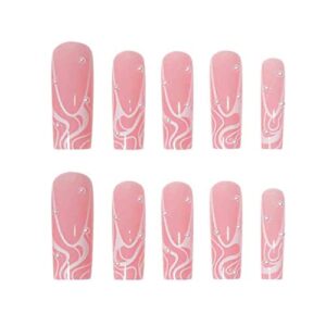 Foccna Square Press on Nails Long, Pearl Pink Fake Nails Acrylic False Nails,Artificial Nails for Women and Girls 24 pcs