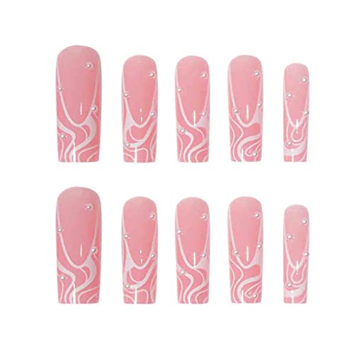 Foccna Square Press on Nails Long, Pearl Pink Fake Nails Acrylic False Nails,Artificial Nails for Women and Girls 24 pcs