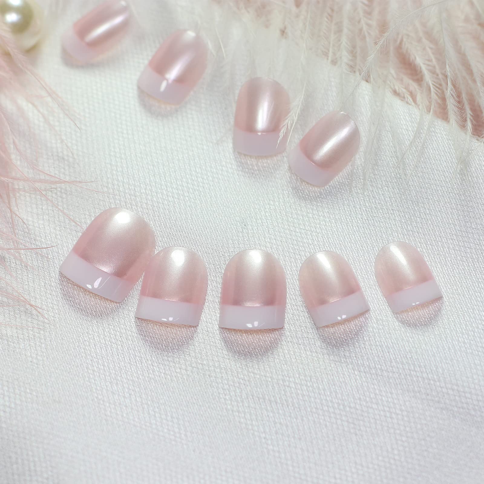 Pearl Shine Pink French Nail Press On Nails for Daily Wear White Round Fake Nails Short Glossy Satin Artificial Lady Fingernails with Adhesive Tabs