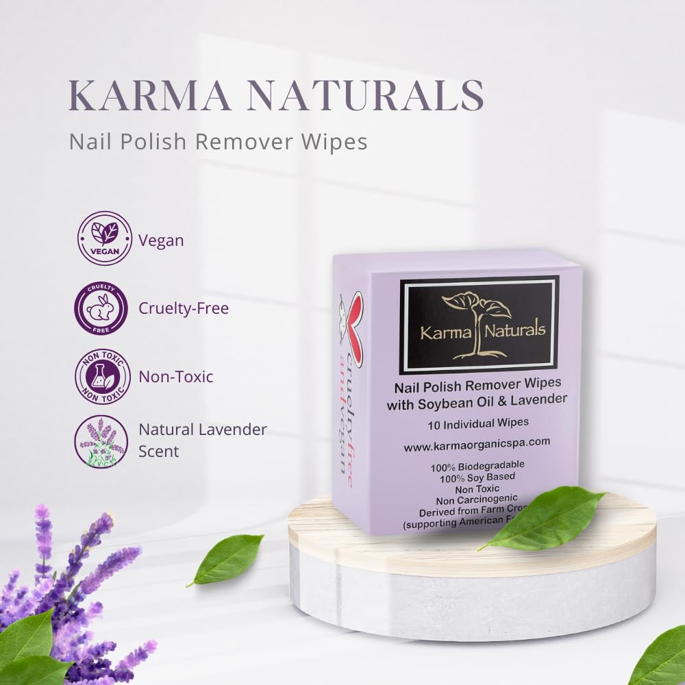 Karma Organic Natural Nail Polish Remover Wipes with Soybean and Lavender Oil, 100% Soy Based, Non-Toxic, Vegan, Cruelty-Free – Pack of 10