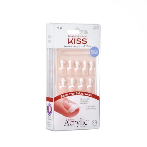 KISS Salon Acrylic, Press-On Nails, Nail glue included, Crush Hour', French, Petite Size, Squoval Shape, Includes 28 Nails, 2g Glue, 1 Manicure Stick, 1 Mini File