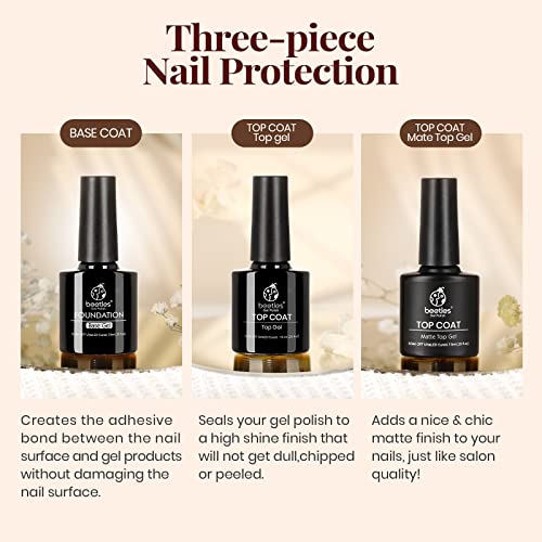 Beetles Gel Top Coat Base Coat Set for Gel Nail Polish, 3Pcs No Wipe Base Gel Matte & Shiny Top Coat, Long Lasting High Gloss and Matte Effects Soak off Uv Led Gel DIY at Home